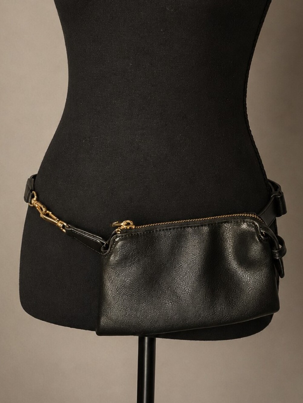 Black Faux Leather Belt Bag with Gold Hardware